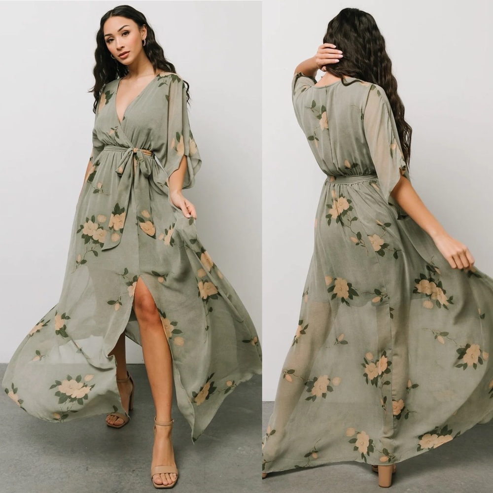 NWOT Baltic Born Kia Kimono Maxi Dress Olive green floral Flowy faux wrap large